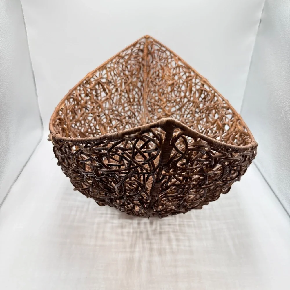 Vintage Sculptural Rattan Basket Bowl Wood Boho Organic Modern Centerpiece Decor